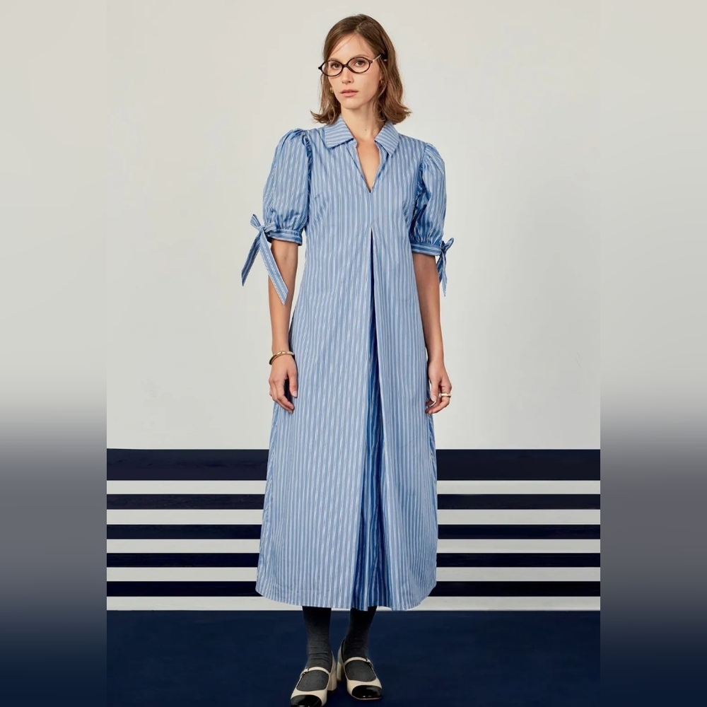 English Factory NWOT Size 1X Powder Blue Striped Godet Midi Dress